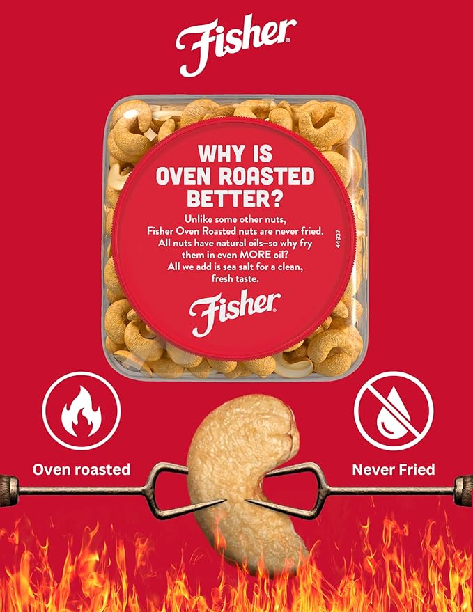 Fisher Oven Roasted Never Fried Whole Cashews, 24 Ounces (Pack of 1), Snacks for Adults, Made With Sea Salt, No Added Oils, Artificial Ingredients or Preservatives, Gluten Free, Vegan Protein, Bulk