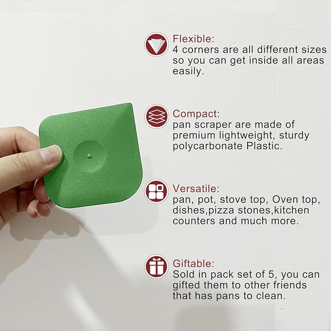 Herda Pan Scraper Pot Scraper Plastic Kitchen Scraper Tool, 5pcs Food Scraper Dish Scraper Hard Nylon Platic Cleaning Scraper Tool for Kitchen Pan, Pot, Cast Iron (Green)