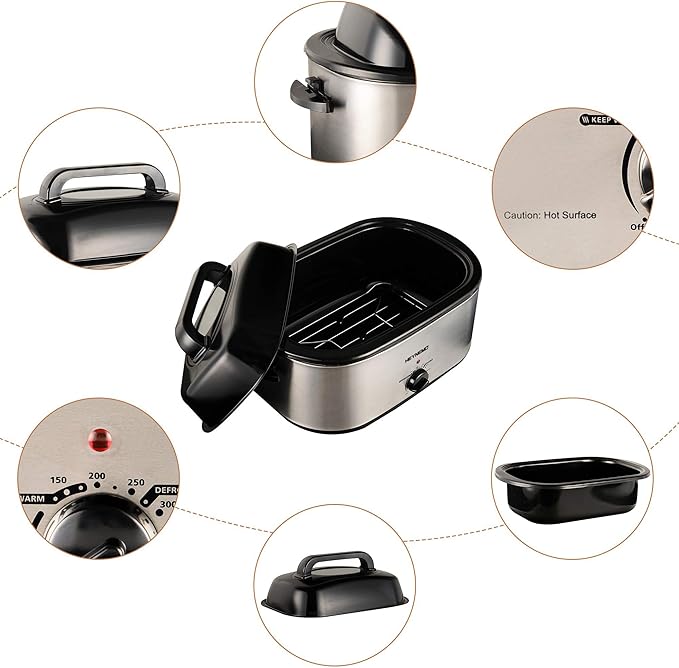 Roaster Oven 24 Quart, Electric Roaster Oven with Viewing Lid, Electric Turkey Roaster Pan with Defrost & Warm Function, Fast-Heating Turkey Roaster with Removable Pan & Rack, Stainless Steel, Sliver
