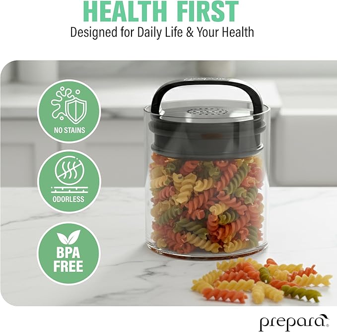 Prepara Evak Fresh Saver Short Vacuum Seal Canisters, Small - Grip Handle Lid, BPA Free Twin-Valve Airtight Jar for Coffee, Tea, Snacks - Pantry Organizer & Compact Kitchen Storage (2-Pack)