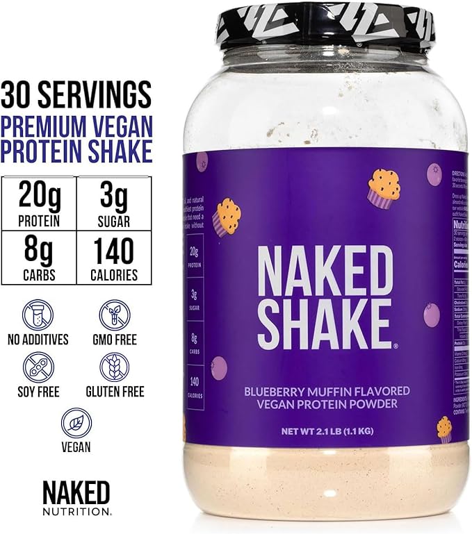 NAKED Shake - Blueberry Muffin Protein Powder - Flavored Plant Based Protein from US & Canadian Farms with MCT Oil, Gluten-Free, Soy-Free, No GMOs or Artificial Sweeteners - 30 Servings