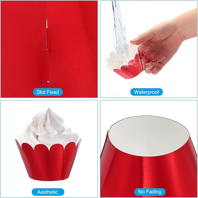 PATIKIL Cupcake Wrappers Paper, 50 Pack Baking Cups Standard Wave Decoration for Anniversary Birthday Weddings and Parties, Reflective Red