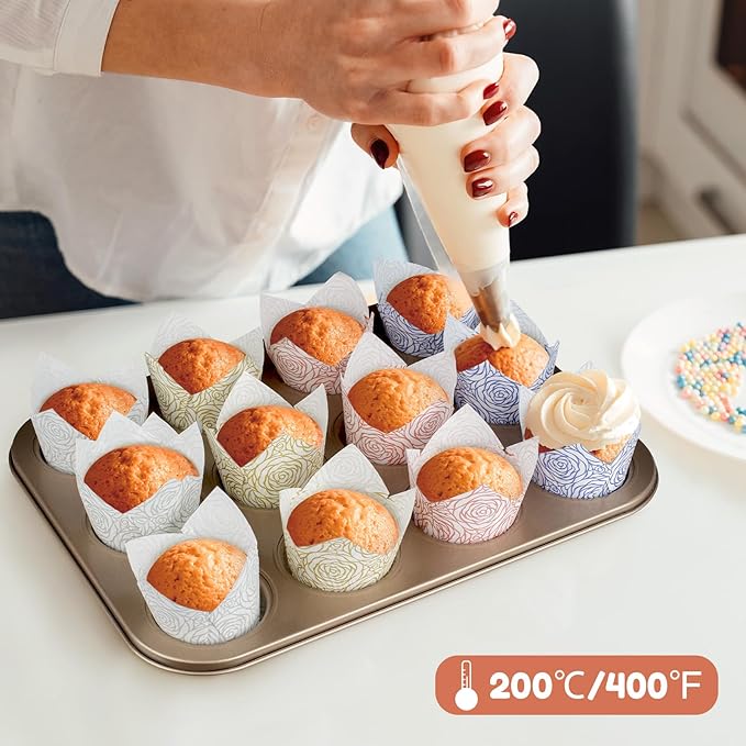 Parmedu 160pcs Tulip Paper Cupcake & Muffin Liners Oil Resistant - Standard Size 4 Colors Rose Pattern Baking Cups Cupcake Wrappers, Model BK010