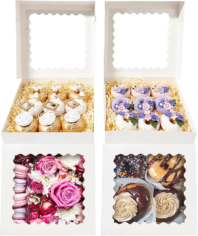 Bakepacker 36pcs White 10x10x2.5 inches Easy Assemble Macaroon Cookie Boxes Bakery Boxes with Window (Auto-pop Up)