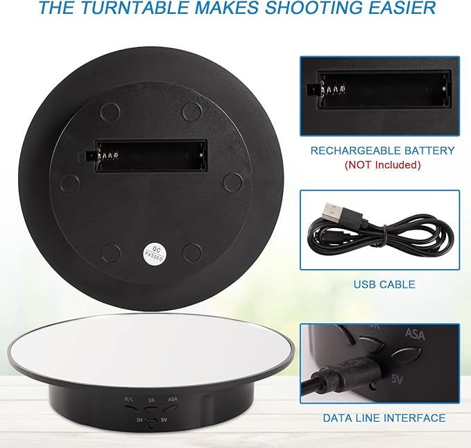 Motorized Display Stand - 7.87" Rotating Platform with Mirror Cover, USB Charging Port, 22 lbs Load Capacity, Ideal for Jewelry, 3D Model, Cake Photography