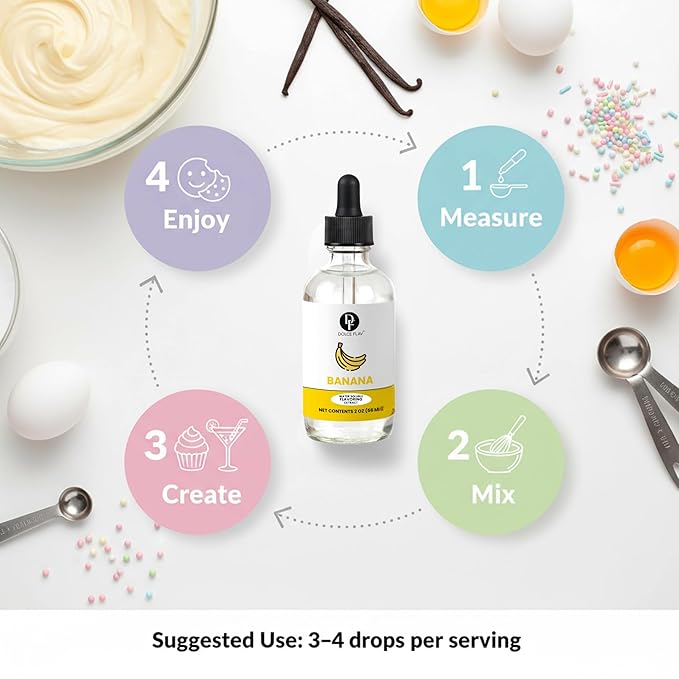 Dolce Flav Natural Banana Extract – 2 oz Water-Soluble Pure Banana Flavoring Drops for Baking, Smoothies & Desserts | Sugar Free, Allergen Free, Kosher | Made in USA