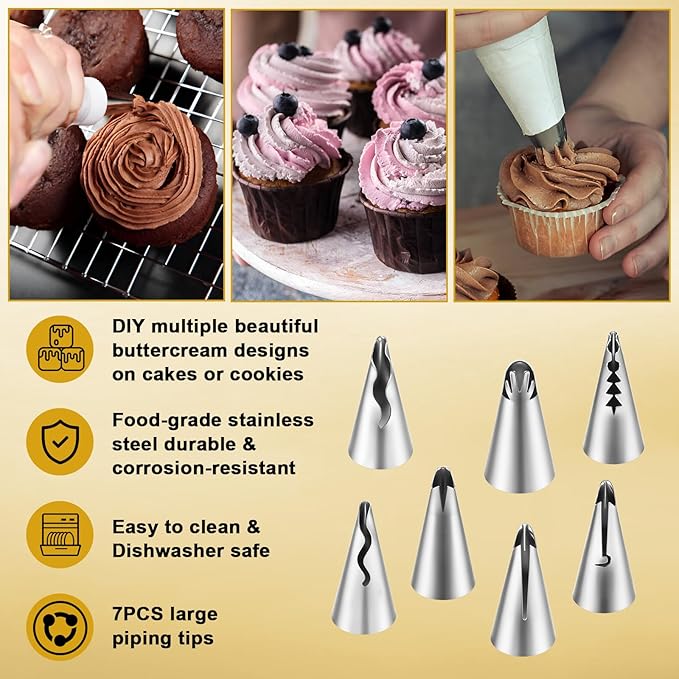 7PCS Pleated Skirt Piping Tips with Cleaning Brush, 430 Stainless Steel Frosting Tips Cake Decorating Tip Icing Tip Nozzle Tool for Pastry Bags Cupcakes Cake Decorating