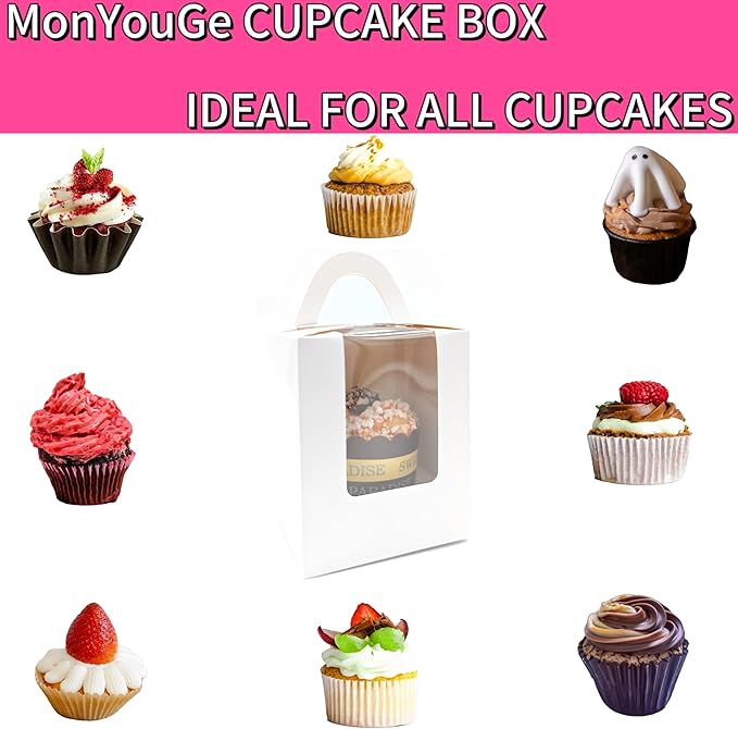 50-Set Individual Cupcake Boxes Bulk with Clear Display Window, Disposable Food Grade White Cupcake Carrier Cupcake Container, Perfect for Cupcakes Muffins Cookies Pastries