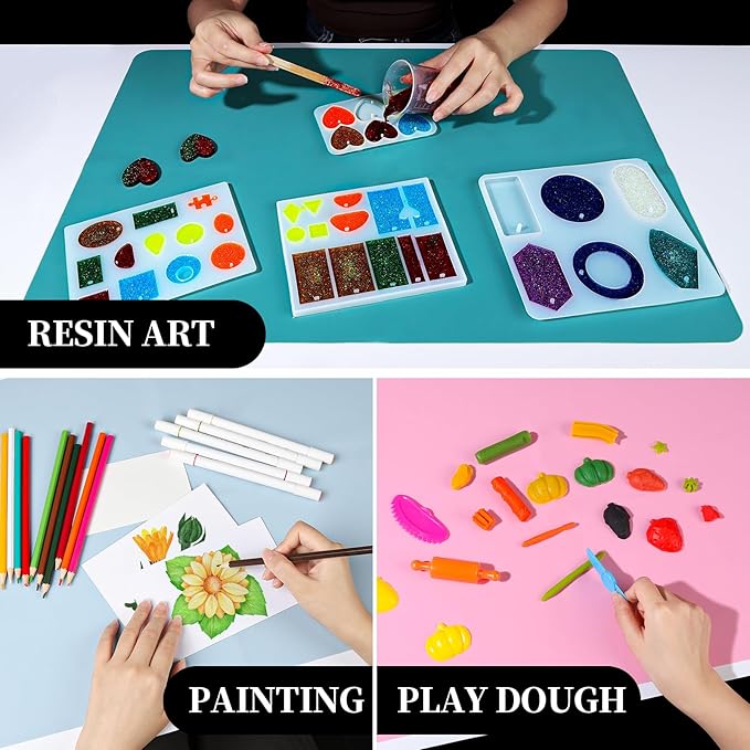 LEOBRO Silicone Mat for Crafts, 3 PCS 23.4” x 15.6” Large Silicone Mats, Play Dough Mat, Craft Mats for Resin Molds, Clay, Jewelry Making, Sculpture Casting, Pastel Pink & Dark Green & Pastel Blue