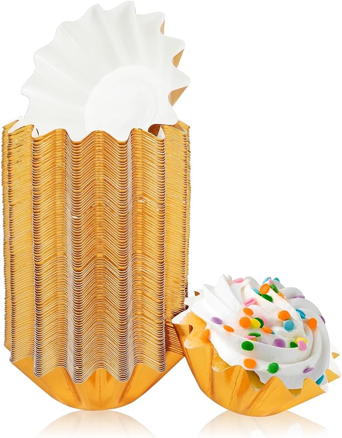 100 PCS Baking Cups Cupcake Liner Flared Brioche Standard Muffin Wrappers Greaseproof Coated Paper Cup for Wedding Birthday Holiday Party or Baby Shower (Gold)