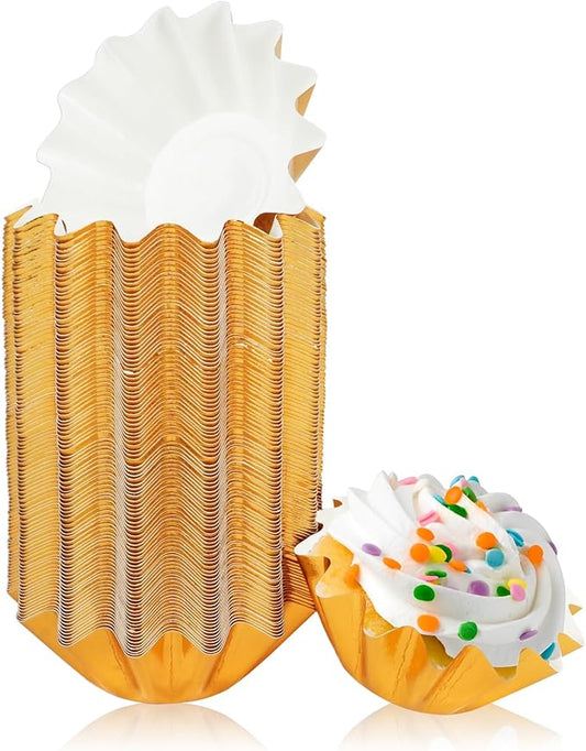 100 PCS Baking Cups Cupcake Liner Flared Brioche Standard Muffin Wrappers Greaseproof Coated Paper Cup for Wedding Birthday Holiday Party or Baby Shower (Gold)