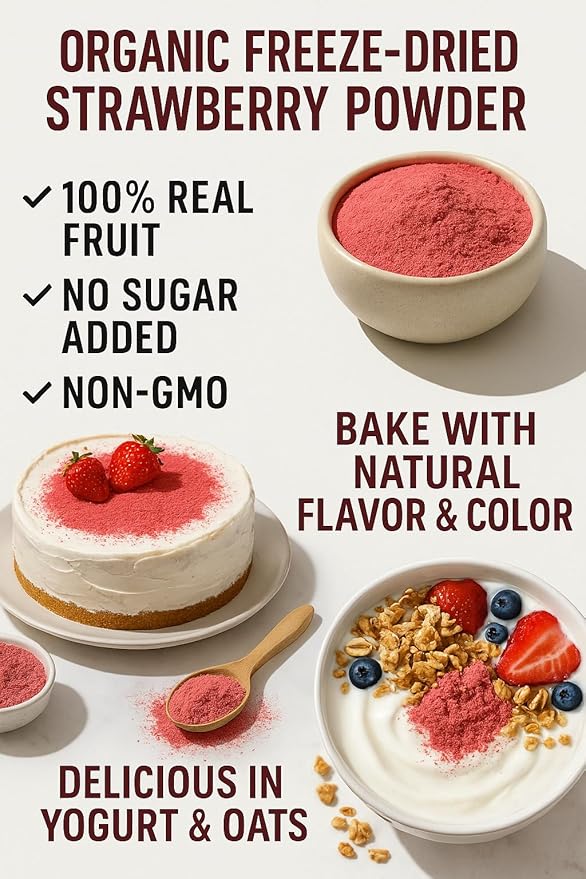 Panfruit Organic Freeze-Dried Strawberry Powder – No Sugar Added, Non-GMO, 100% Real Fruit – Ideal for Smoothies, Baking, Yogurt, and Desserts – 3.5 oz