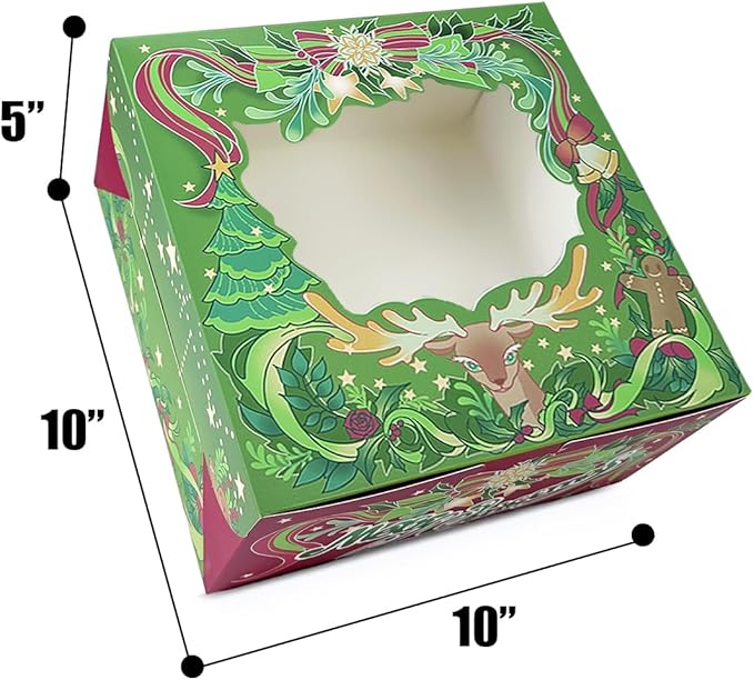 Bakepacker Christmas Cake Boxes with Window Green Deer 10x10x5 Bakery Box for Xmas Party Supply Cake Carrier Containers (4 Cake Boxes +4 Cake Boards Included)