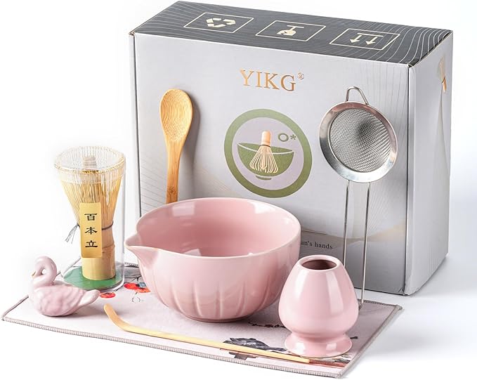 Matcha Whisk Set - 8PCS Japanese Tea Set Includes Matcha Bowl, Bamboo Whisk with Ceramic Holder, Bamboo Scoop, stainless steel sifter, tea towel, handle scoop,Matcha Kit for Ceremony(Pink/8PC)