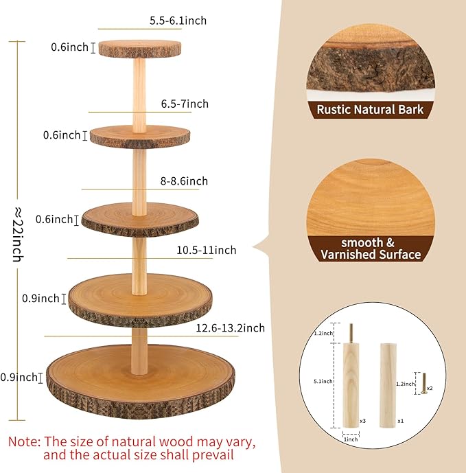 Gusnilo Wooden 5-Tier Rustic Cupcake Stand for Wedding Cakes, Tiered Dessert Tower Display Centerpiece for Parties, Events & Celebrations