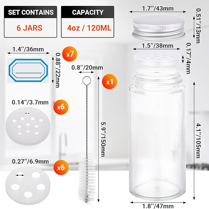 Segarty 4oz Spices Jars with Silver Aluminum Lid, 6PCS 120ml Round Spice Containers, Empty Glass Seasoning Organizer for Sugar Herb Cereals Storage, Salt and Pepper Bottles with 7 Stickers and 1 Brush