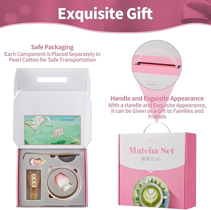 7 Pcs Matcha Whisk Set, Matcha Set Pink,Matcha Kit,Matcha Tea Set,Matcha Bowl Set with Pink Cat Scoop Holder, Tea Cloth, Sifter(Gradient Pink)