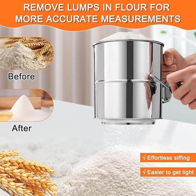 Flour Sifter, 8 Cup Stainless Steel Flour Sifters, 4 in 1 Baking Sifter Set with Powder Sugar Shaker Duster, Strainers Fine Mesh and Metal Scoop for Baking Cake, Pastries, Pies, Cupcakes, Desserts