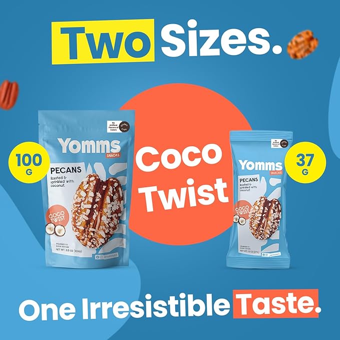 Yomms Coco Twist Pecans Halves – Low Sugar Healthy Dessert Snack | Sweet Coconut & Crunchy Pecan Snack | Lightly Sweetened, Honey Roasted Mixed Nuts | Great for Snacking, Salads - 1.3oz - Pack of 12