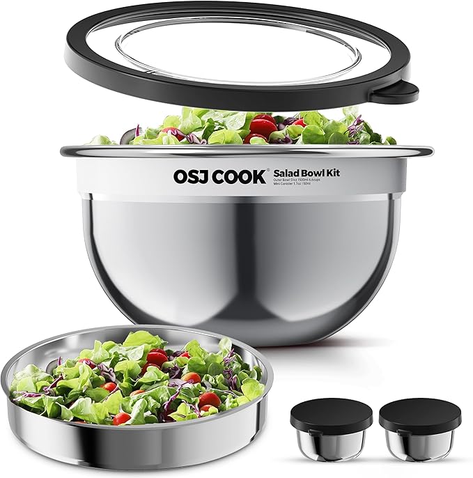 18/8 Stainless Steel Salad Bowl Kit - 74oz, Mixing Bowls with Lids Set, Teakwood - Comes with 1.7oz Condiment Container and Removable Tray for Organization - Leak-Proof, Dishwasher Safe (Mirror)