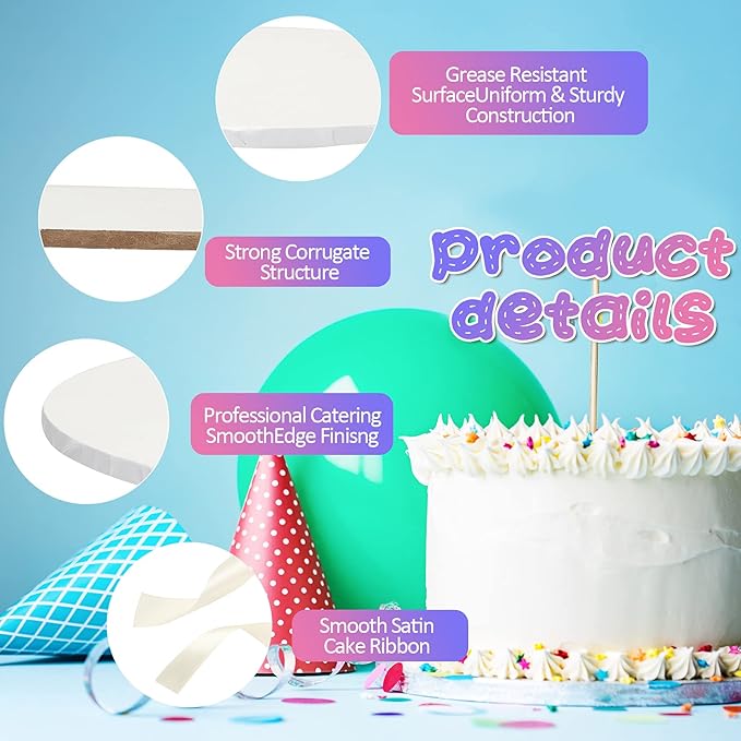 8 Pieces Cake Drums Boards Round Sturdy Cake Drum with 2 Pieces Satin Ribbon for Heavy or Multitiered Cakes (6, 8, 10, 12 Inch)