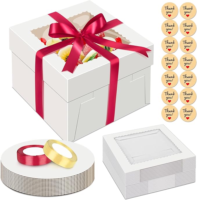 Sudaya 8x8x5 Cake Boxes with Window, Cake Boxes 8 inch with Cakes Box Ribbon Stickers, 8in Disposable Carry Bakery Containers Cajas Para Pasteles for Pies Party Wedding Gift Giving