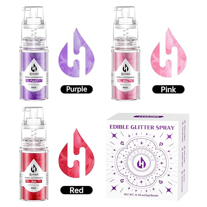 Edible Glitter Spray – 3 Colors Red, Pink, Purple Metallic Food Glitter for Cake, Cookies, Chocolate & Strawberry Decoration, 5g Each
