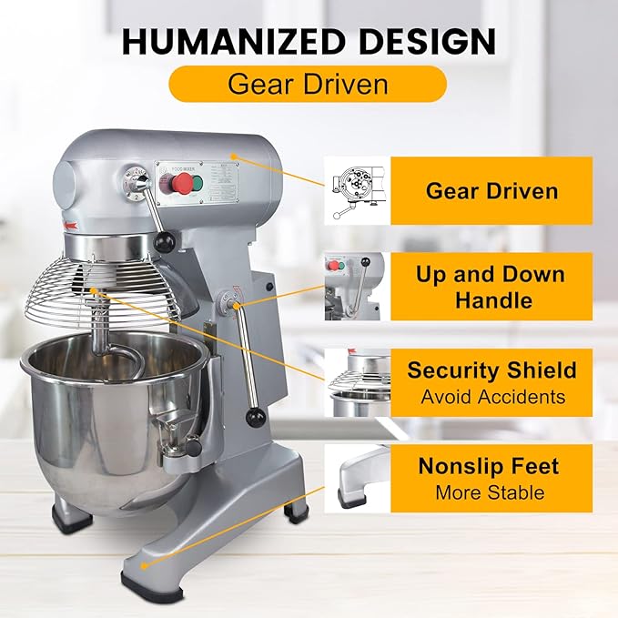 Hakka 20 Quart Commercial Stand Mixer 3 Funtion Stainless Steel 3-speed Food Mixer Electric Planetary Countertop Bread Mixer Machine(M20A-ETL)