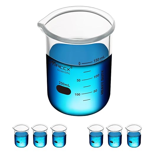 6.7oz(200ml) Sturdy Glass Beaker, Heavy-Duty Lab Beaker Set, 3.3 Borosilicate Griffin Low Form with Printed Graduation, Pack of 6, BKL200-006