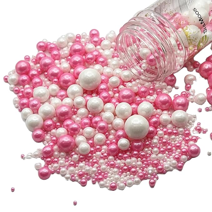 SE Si&Moos White and Hot Pink Pearl Sprinkles for Cake Decorating Edible Cake Cookie Pearls Cupcake Decorations Hot Pink and White Sprinkles for Cake, Cupcake, Cookies Party Holiday Christmas Supplies 3.5 OZ