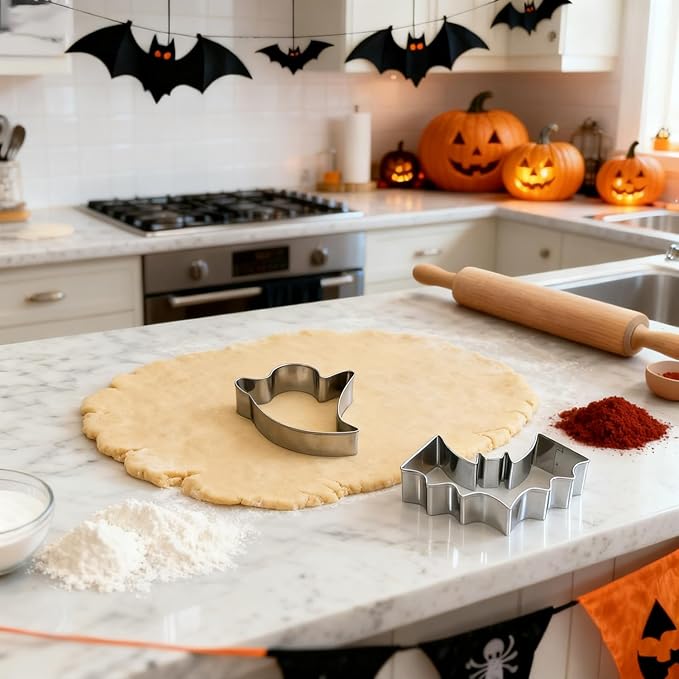 Halloween Cookie Cutters Set 7 Pieces - Large Bat, Ghost, Pumpkin, Witch Hat, Cat, Skull, Coffin Shapes, Stainless Steel Biscuit Molds for Holiday Baking Halloween Food Party Decorations