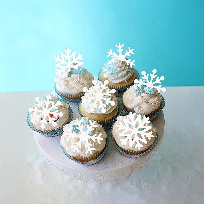 Gyufise 60Pcs Edible Snowflake Cupcake Toppers Winter Cupcake Picks Water Paper Winter Frozen Cake Decorations for Snowflake Theme Baby Shower Kids Birthday Party Supplies White