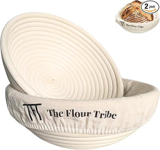 Banneton Bread Proofing Basket: Banneton Basket Set of 2, 9 inch Sourdough Proofing Basket Round Proofing Bowls Handmade Rattan baskets w Linen liners for Dough Proofing, Sourdough Bread Making Kit