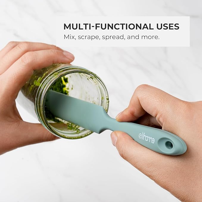 Elihome Skinny Silicone Jar Spatula Spreader, BPA Free,Heat-Resistant Scraper, 10in Long Narrow Stirring Stick, Seamless Flexible Peanut Butter Spreader for Scraping Icing and Jam (Sage Green)