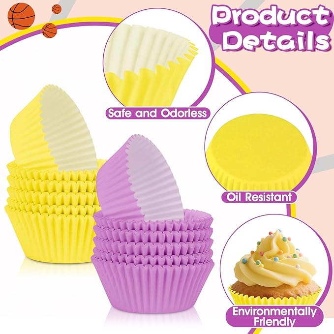 200PCS Purple and Yellow Cupcake Liners Muffin Baking Cups Wrappers for Yellow and Purple Birthday Party Supplies Disposable Pastel Cupcake Papers for Sports Theme Basketball Birthday Party Decoration