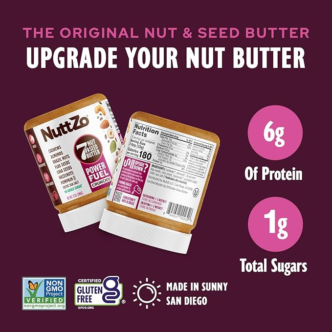 NuttZo Natural Power Fuel 7 Nuts and Seeds Butter, Crunchy, Paleo and Keto Friendly, Peanut and Gluten Free, Kosher, No Added Sugar or Oil, 12 oz Jar