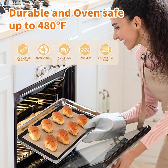 Silicone Baking Mat Set, Non-Stick Reusable Food-Grade Oven Liners, Half Sheet Size 16.54 x 11.62 Inch, Grey, 2 Pack
