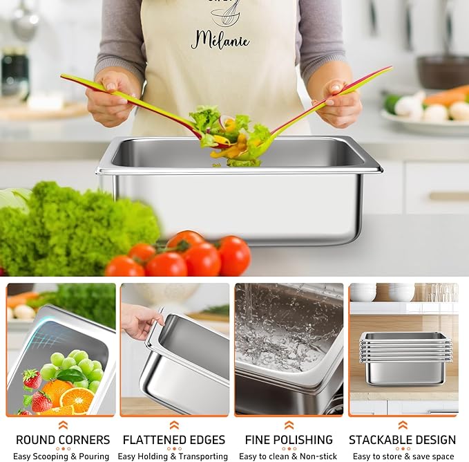 6 Pack Hotel Pans, 1/3 Size 4 Inch Deep Steam Table Pan, Stainless Steel Commercial Food Pan Anti Jam Steam Pan, Breading Trays for Hotel, Party, Buffet, Catering Supplies