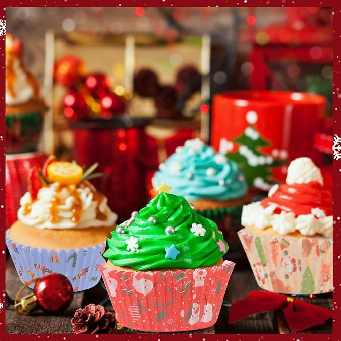 600 Pack Christmas Cupcake Liners Cupcake Wrappers Baking Cups Santa Holiday Paper Wraps Muffin Liners for Xmas Birthday Party Candy Cake Decorations Supplies(12 Styles)