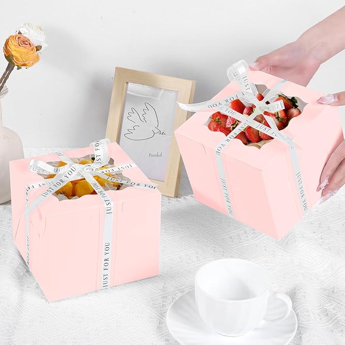 JCD 48PCS 6x6x5 Inches Cake Boxes,(24 Boxes &24 Boards) Pink Bakery Boxes with Window for Pastries,Cake Containers with Ribbon for Christmas Wedding Birthday Party (Pink/6 * 6 * 5inch/24pcs)