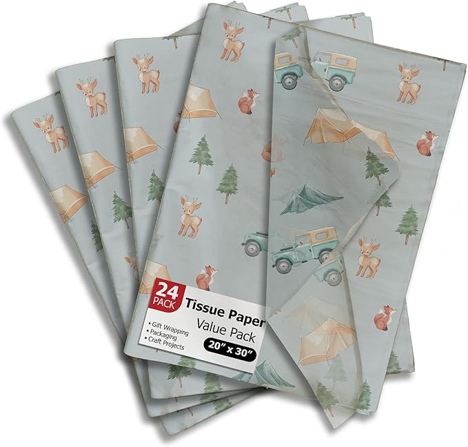 Pro Supply Global Camping Printed Tissue Paper for Gift Bags or Boxes and Wrapping - Baby Shower Bulk Decorative Art Tissue Paper for Packaging and Gifting | 24 Sheets 20" x 30"