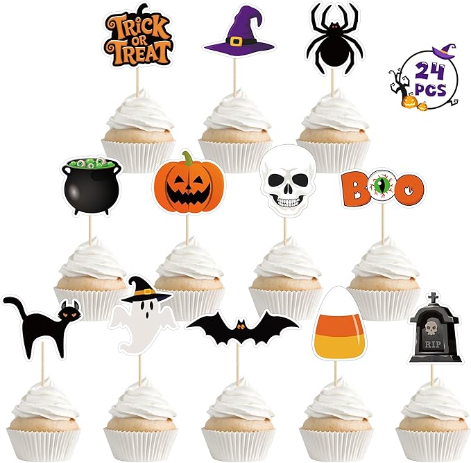 24 PCS Halloween Cupcake Toppers, 12 Designs Halloween Cake Decorations, Pumpkin Ghost Spooky Cake Topper, Halloween Birthday Cake Toppers for Theme Babyshower Kids Party Supplies