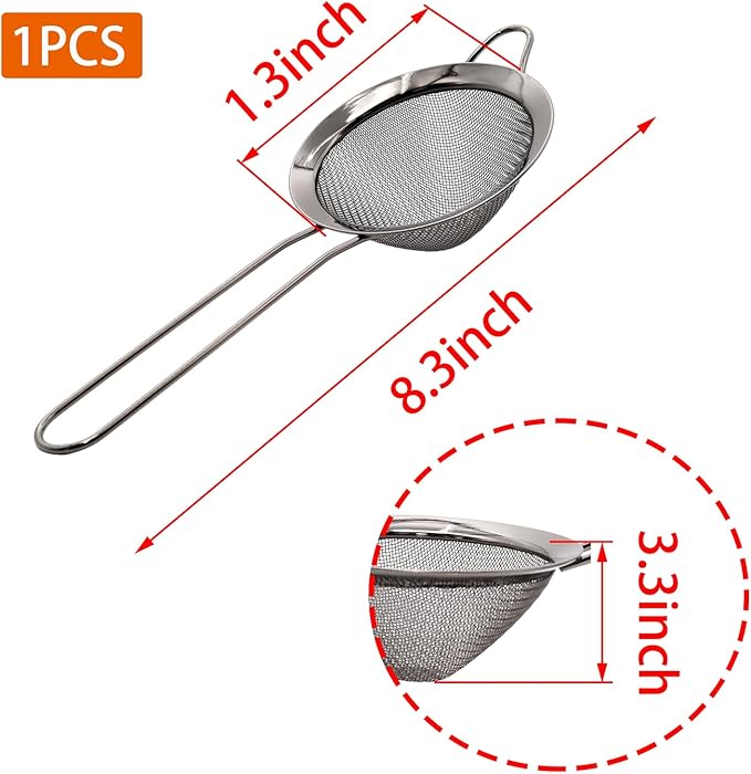 Black Fine Mesh Strainer - 304 Stainless Steel Handheld Sieve, Small Kitchen Filter for Baking, Tea & Cocktail Making(8.3inch)