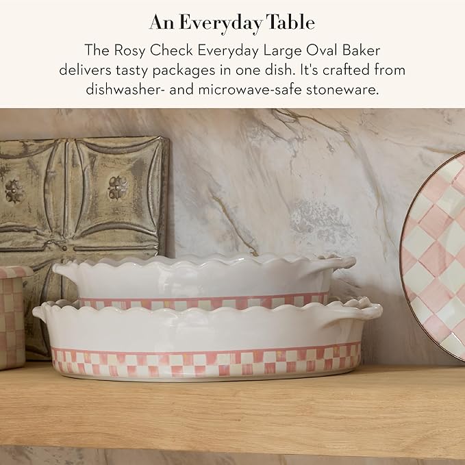 MACKENZIE-CHILDS Everyday Oval Casserole Baker, Cute Oven Baker, Large, Pink-and-White Rosy Check