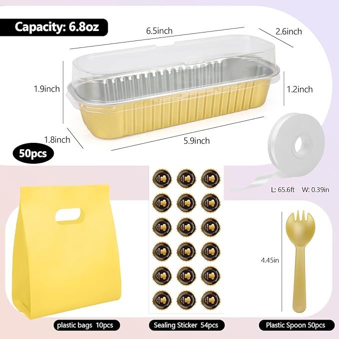 OcePor 50 Pack Mini Loaf Pans With Lids，Mini Cake Pans With Lids and Spoons，6.8oz Bread Loaf Pans Disposable，Small Aluminum Cake Tins,Baking Pans Individual (Gold)