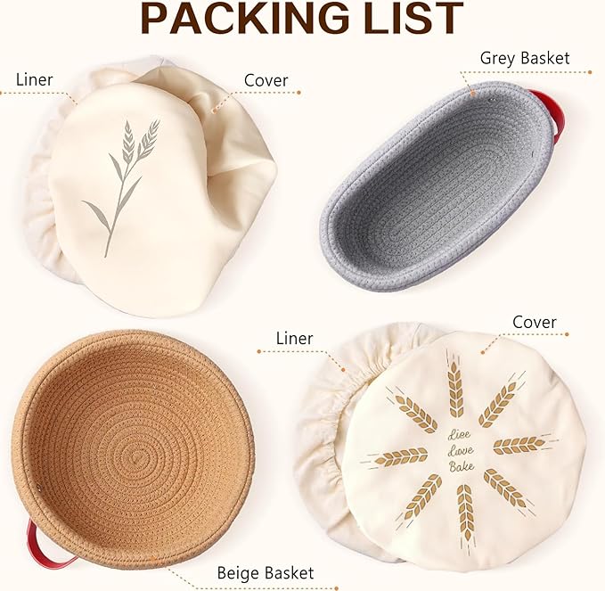 mcdhhemoCotton Rope Banneton Bread Proofing Basket Set, 2 Round Bread Baskets with Liner and Lid, Suitable for Artisan Bread Baking and Sourdough Bread Baking Supplies