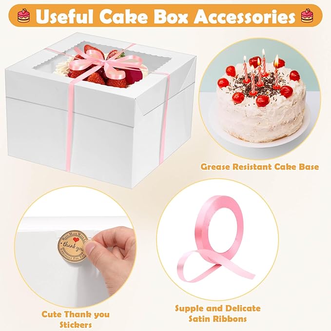 24 Pcs Cake Boxes 12 inch with 12x12x8 Inches 12Pcs Tall Cake Box,10Pcs Cake Board, Stiker &Ribbon, Large Baking Boxes, Square Cardboard Cake Boxes for Multi-Layer Cakes