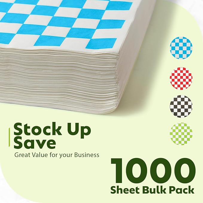 Culiware Deli Paper Sheets, 12x12 inch, 1000pcs - Classic Checkered Wax Sheet, Precut Food Basket Liners, Grease-Resistant Wrapping Paper for Sandwich Bread Burritos (Blue and White)