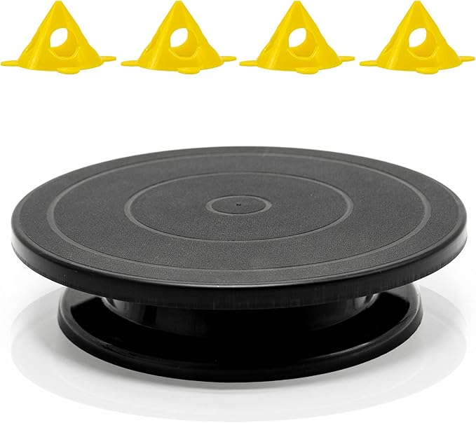 LAMXD 11”Rotate Turntable Sculpting Wheel Revolving Cake Turnable Black Painting Turn Table Stand for Paint Spraying Spinner,with Cone Canvas-Acrylic&Epoxy Pouring Paint Canvas Support Stands