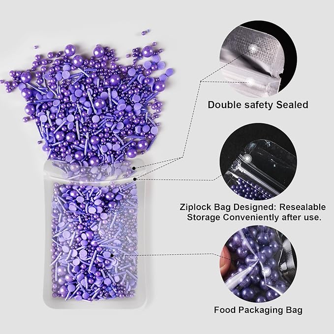 HUEBEATY 6-in-1 Purple Edible Pearls Sprinkles, Sanding Sugar for Cake Decorating, Cupcakes, Cookies & Ice Cream - 180g, Edible Mardi Gras, Halloween & Mermaid Purple Cake Sprinkles and Decorations